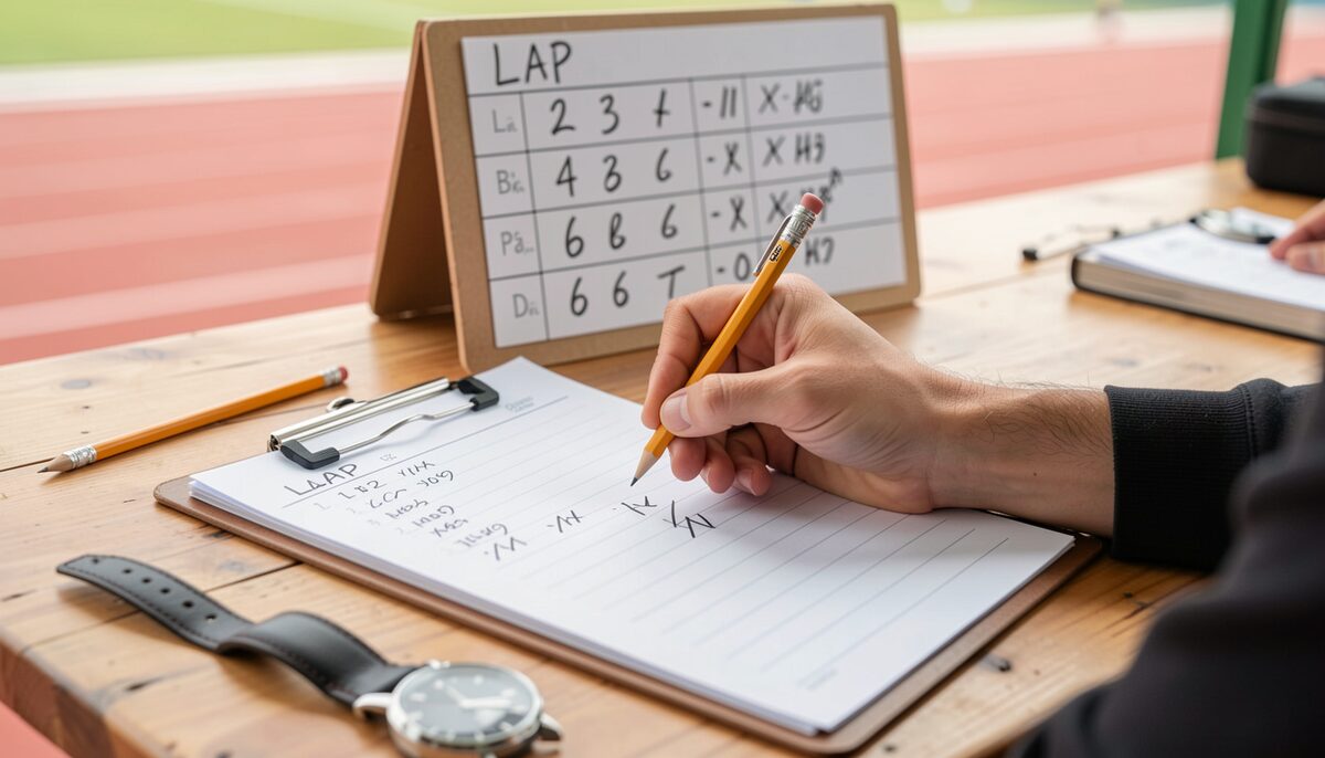 A volunteer's hand marking a tally sheet on a clipboard, a handwritten lap board propped against a chair behind.