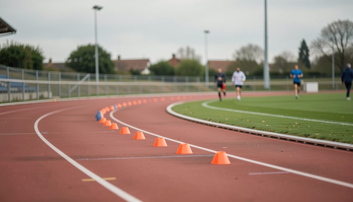 A running track curving left with a line of small cones marking a turnaround point on the inside lane.