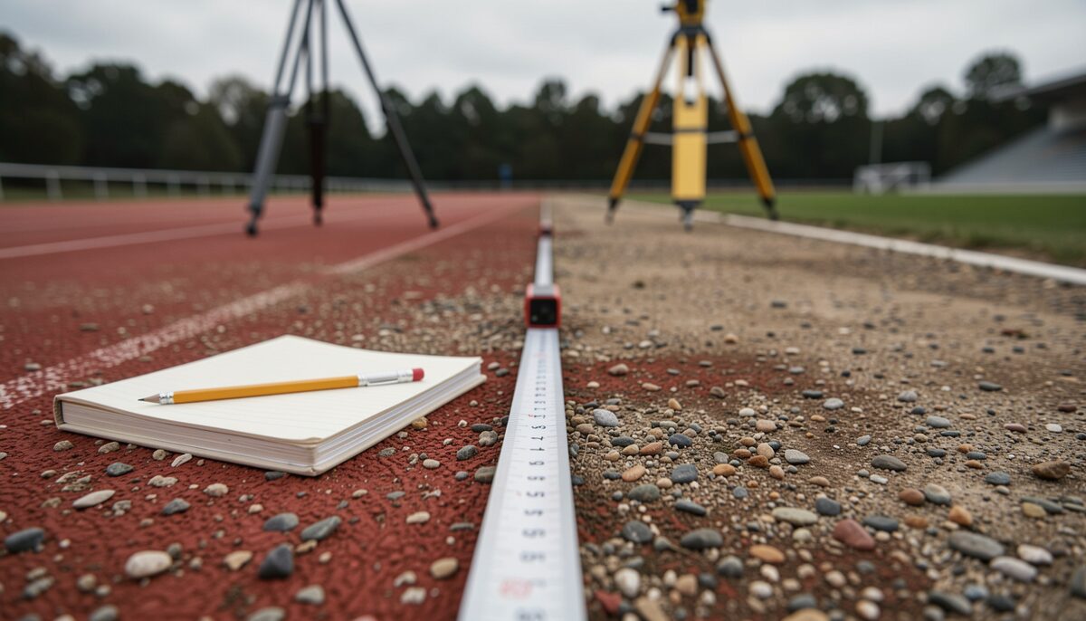 A steel measuring tape stretched along a track lane line, a notebook and pencil on the lane beside it.
