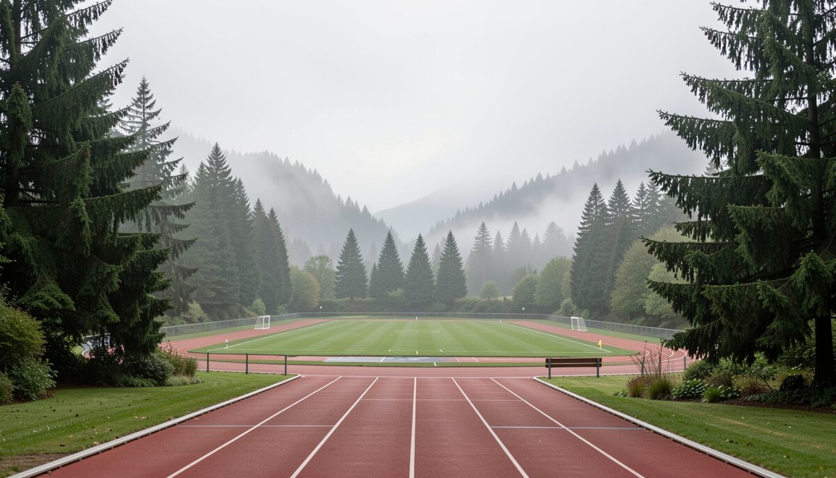 A misty tree-lined running track in a green valley, low hills in fog beyond the back straight.
