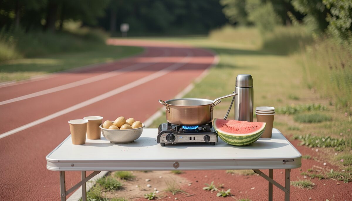 A camp stove on a folding table beside a track, a pot, a ladle, a paper cup of broth waiting at the edge.