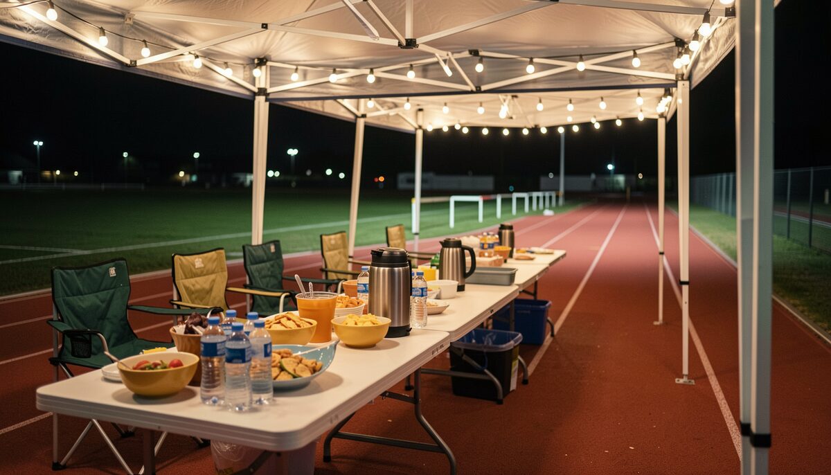 A long folding table under a canopy at night, lit by a string of lights, laid with bowls, bottles and a kettle.