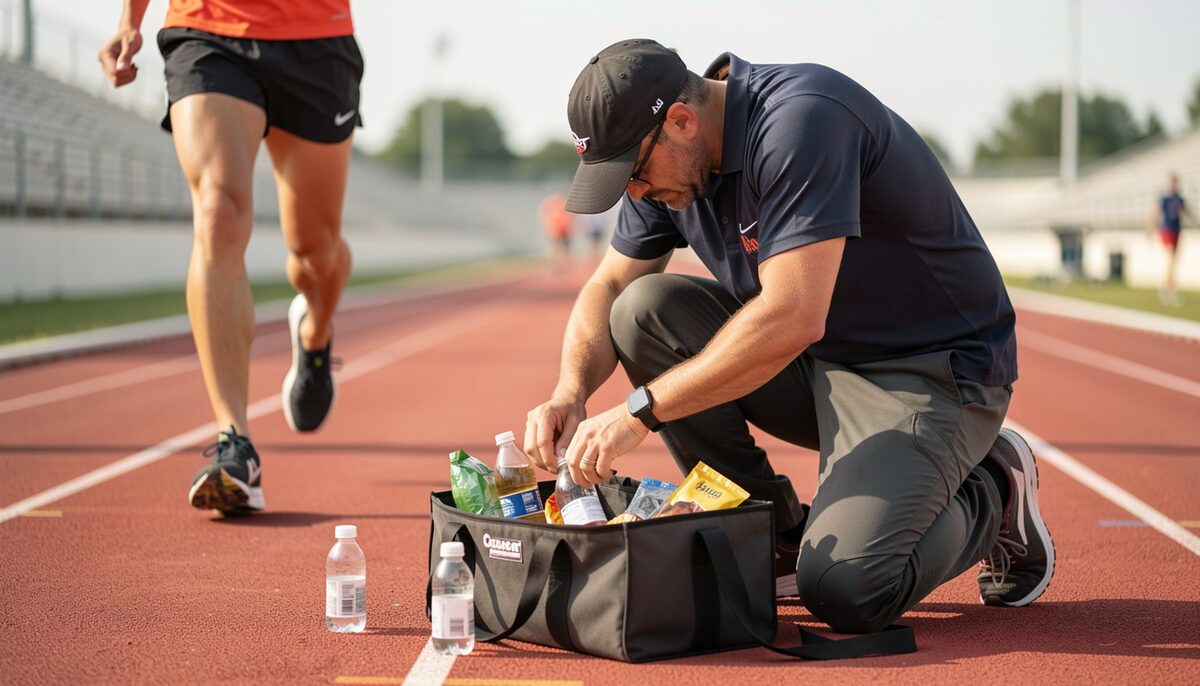 Another frame kept on the same lap: Where crews live in a fixed-time race: the camp chair along the lane, the cooler, the drop bag, and the thirty seconds of work done every time the runner comes around.
