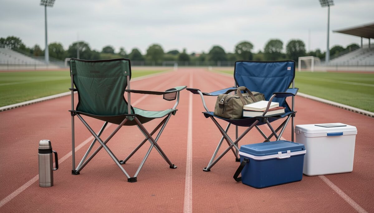 Two folding camp chairs and a cooler beside the inside edge of a track, a small bag and notebook on one seat.