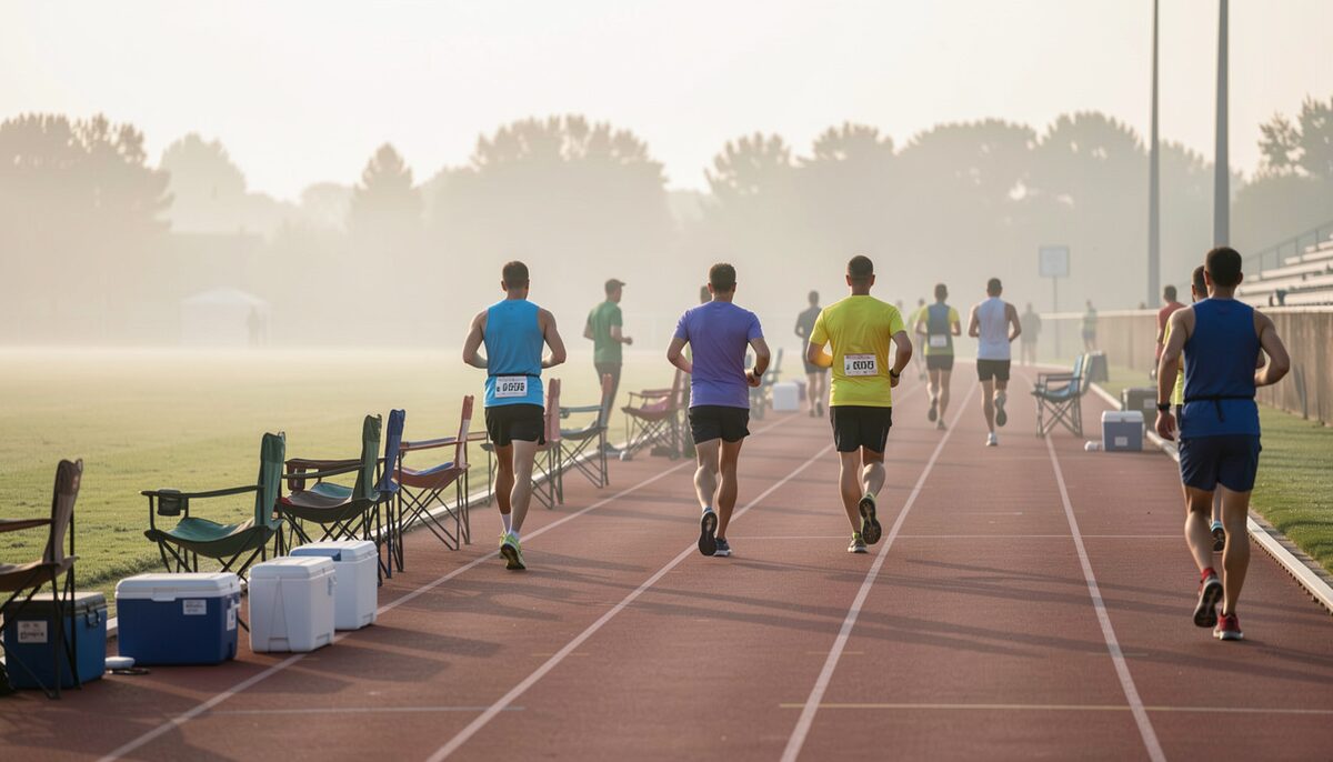 A small group of runners on a track in early morning light, folding chairs and coolers lining the inside of lane one.