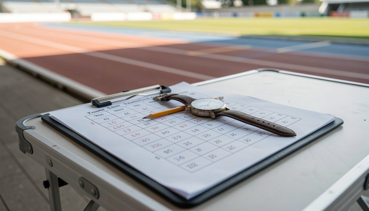 A paper lap chart on a clipboard showing hourly splits in pencil, a wristwatch laid across it.