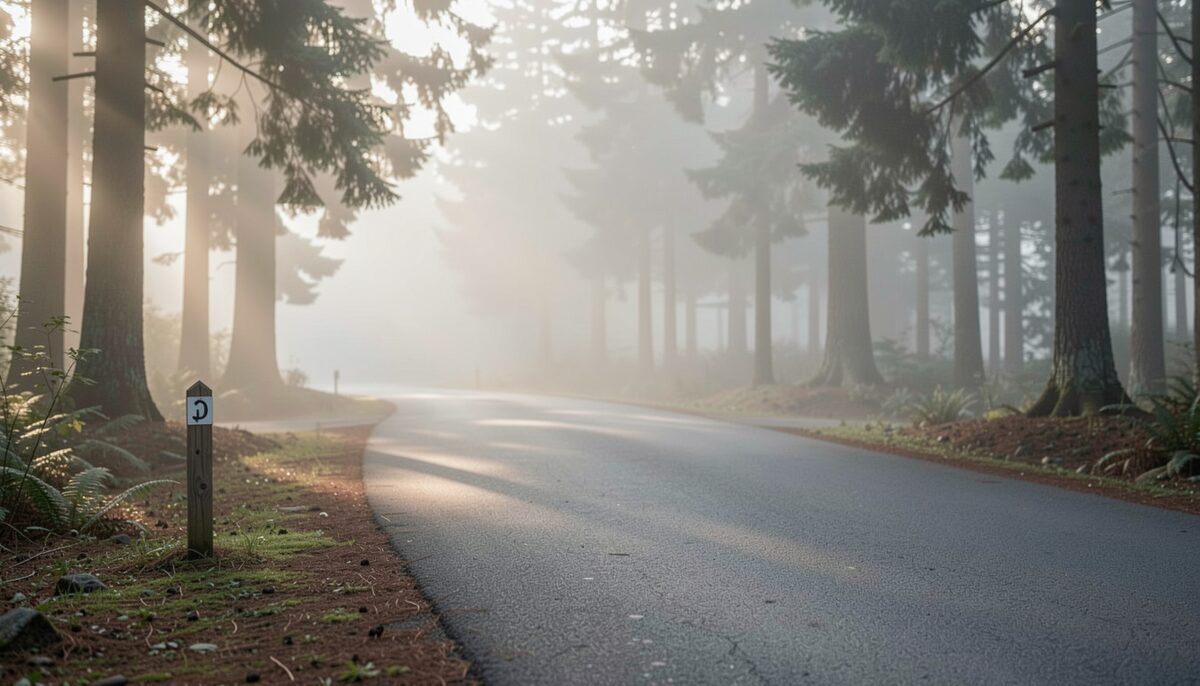 A measured asphalt loop through a wooded park at first light, a small distance marker beside the path.