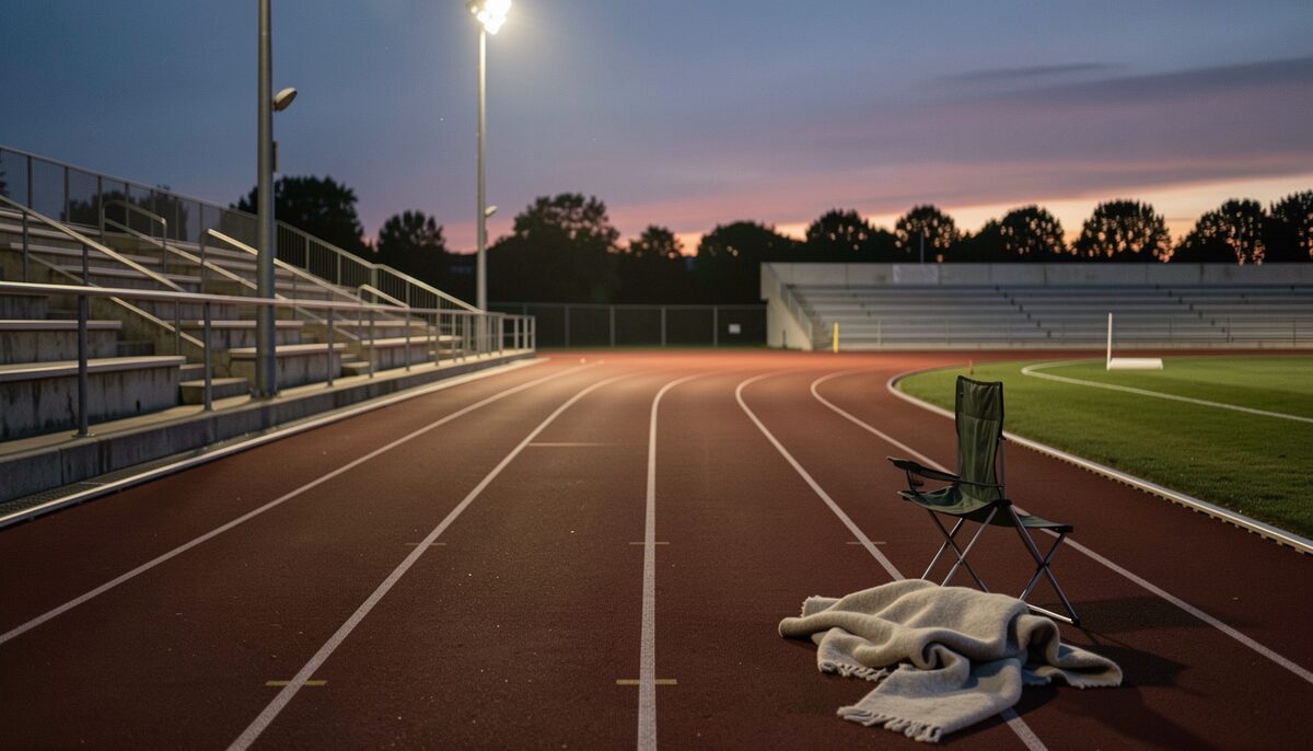 A running track at dusk with lane lines curving away, a single folding chair and a blanket beside lane one.