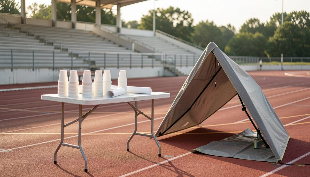 A folding table being cleared after a race, stacked paper cups, a rolled-up results sheet, empty track behind.